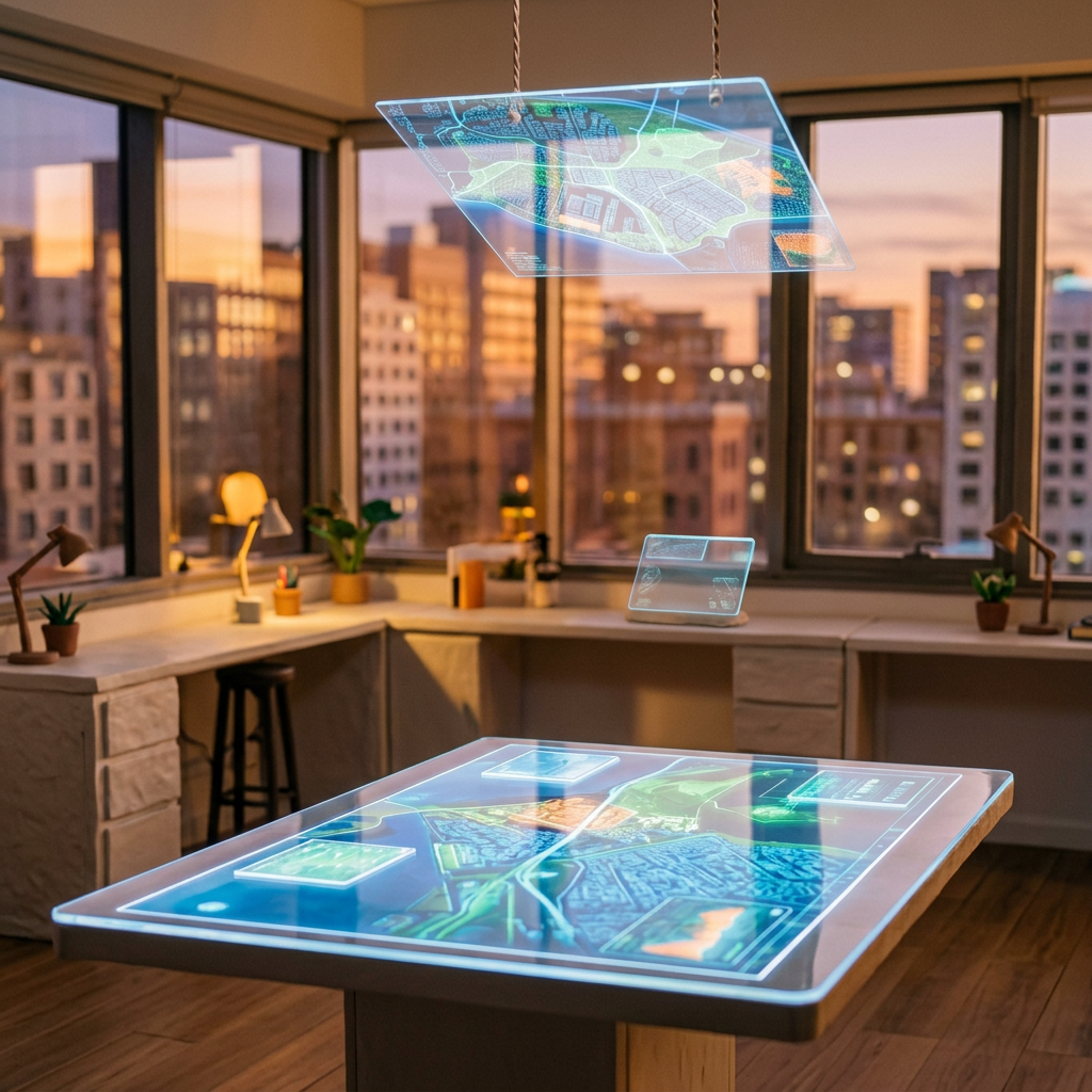 Four people interacting with a holographic digital map projected on a table and in the air