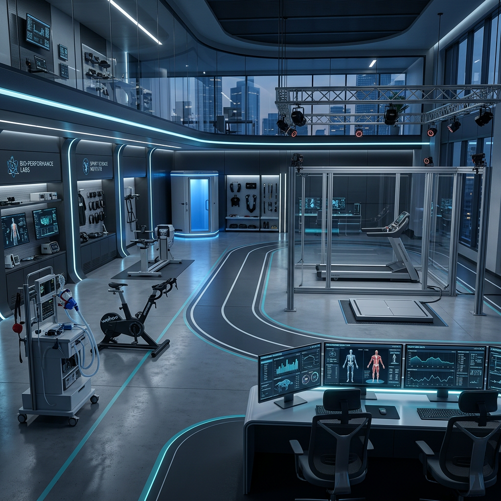 Modern bio-performance lab with exercise bikes, treadmill, and digital monitoring stations